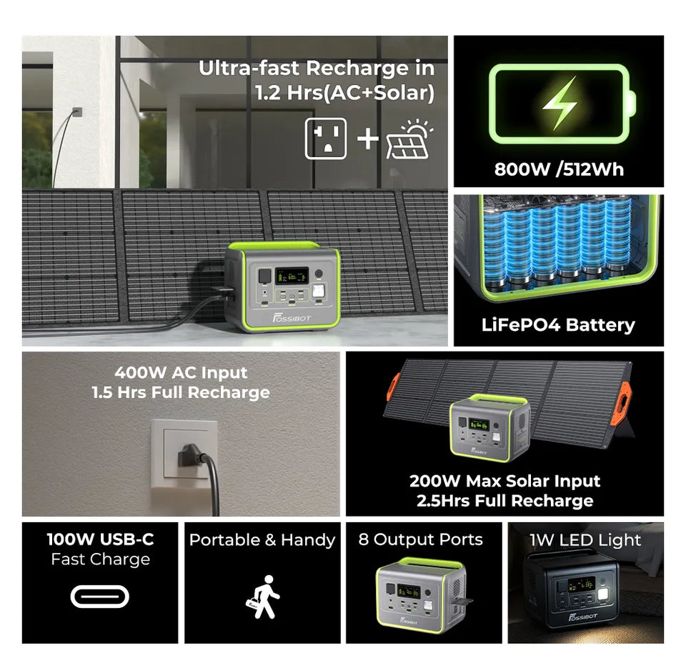 FOSSiBOT F800 Portable Power Station, 512Wh LiFePO4 Solar Generator, 800W  AC Output, 200W Max Solar Input, 8 Outlets - Black 