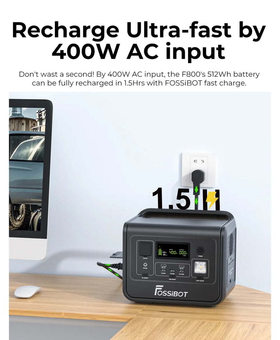 FOSSiBOT Generateur Electrique Portable, 512 Wh LiFePO4 Générateur  Électrique Solaire F800, 800W (Surge 1600 W) sorties AC, Charge Rapide 1,5  heure