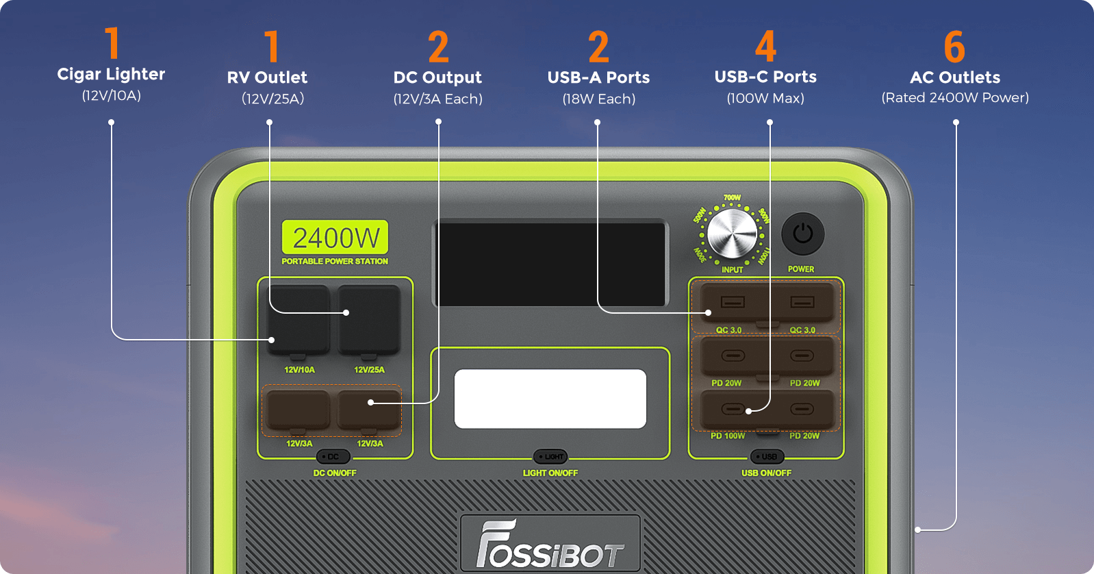 FOSSIBOT - FOSSiBOT F2400 Centrale électrique portable, batterie LiFePO4 2048  Wh, générateur solaire de sortie 2400 W, 3 x AC RV voiture USB Type-C QC3.0  PD DC5521 sorties complètes à onde sinusoïdale